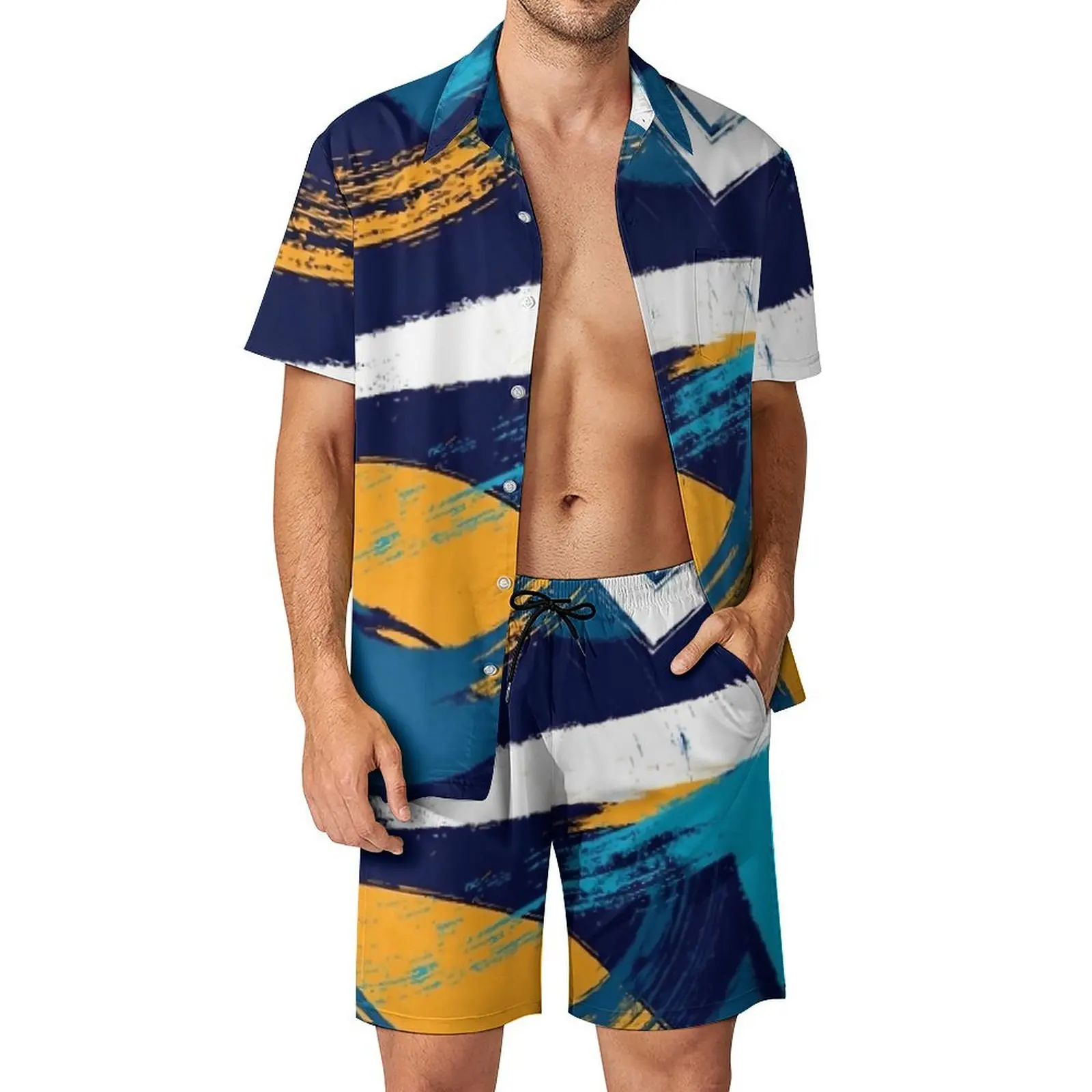 

Мужские комплекты для отпуска с принтом кистей, синий, желтый, белый повседневный комплект рубашки, летние графические шорты, эстетичный костюм из 2 предметов, женский