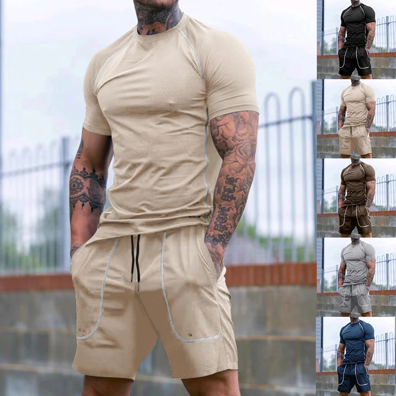 Cross-border Europe and the United States men's solid color short-sleeved shorts T-shirt tracksuit