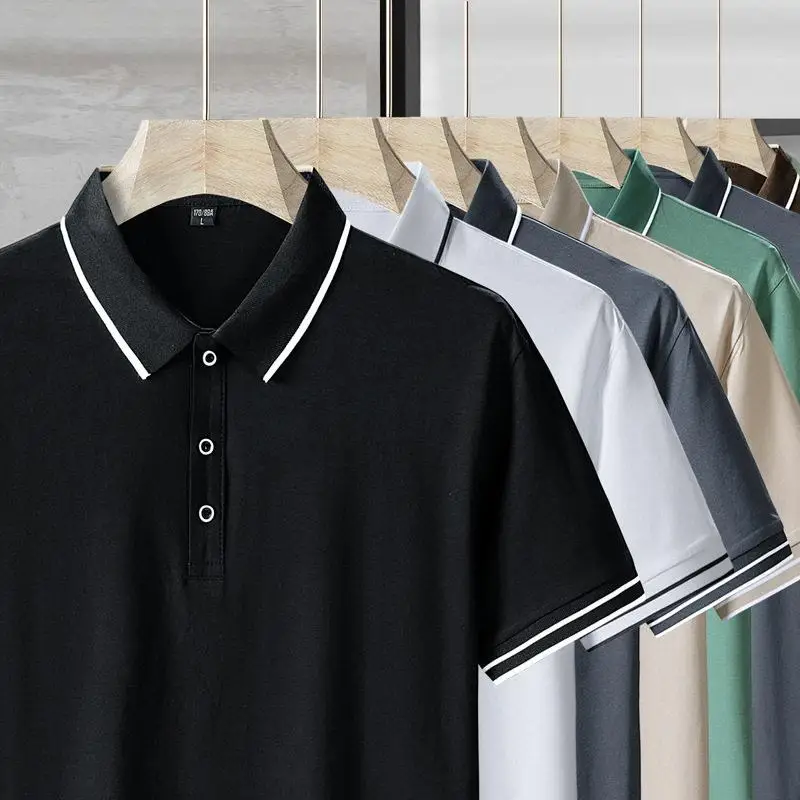 

Ice Silk Short Sleeve Shirt Loose Fit Fashionable Summer T-Shirt Standard Edition Cotton Material Modern Style Flip Collar