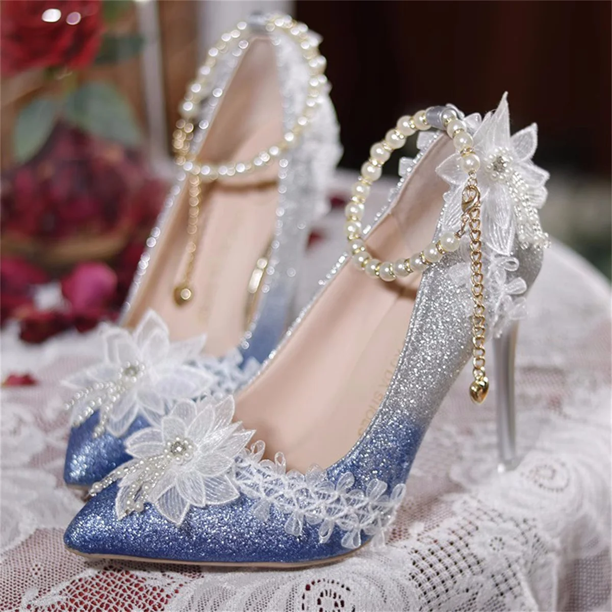 Scarpe da ragazza Vintage eleganti francesi Gradient Starl Sky Flower Pearls nappe sandali a punta eleganti Tea Party 9cm scarpe con tacco alto