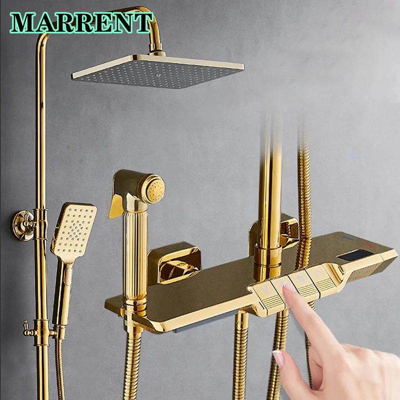 Marrent Piano Digital Shower System for 12 Inch Rain Shower Head Hot Cold Bathroom Mixer Faucet Gold Thermostatic Shower Set