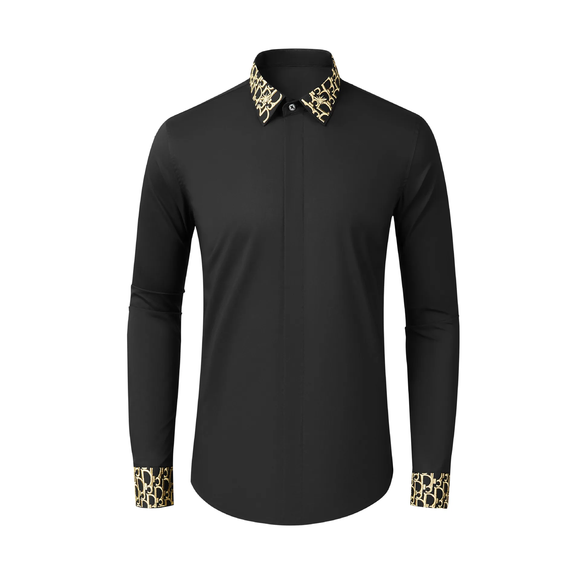 

European and American style long sleeved leader gold thread letter three-dimensional embroidery cotton elastic shirt