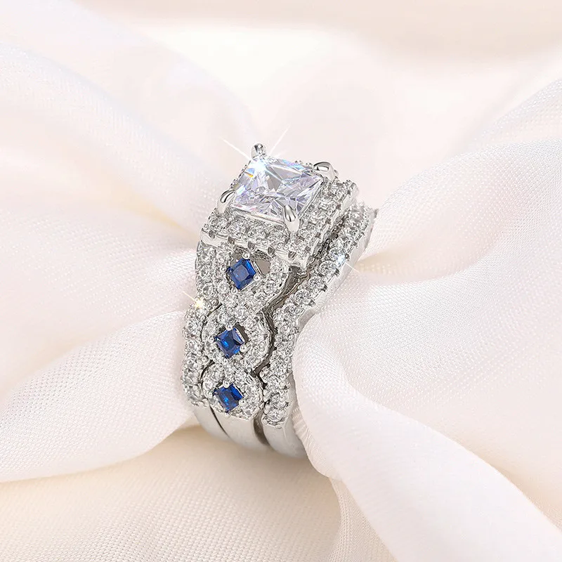 3 pz/set 925 anelli in argento sterling taglio principessa blu CZ set di gioielli per feste di fidanzamento di nozze di lusso per le donne accessorio di moda
