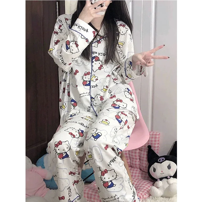 Hello Kitty Anime Kawaii Sanrio Ins Y2k Cotton Long Sleeve Pajamas Spring Cute KT Cat Print Home Shirt Pants Suit Gifts Toys