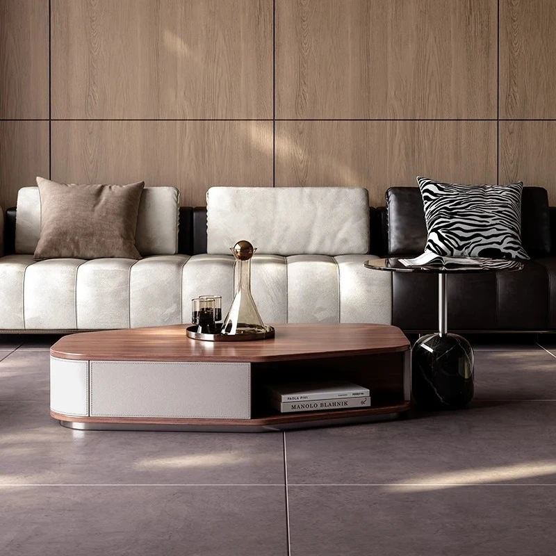 walnut pattern high and low coffee table combination  solid wood saddle leather