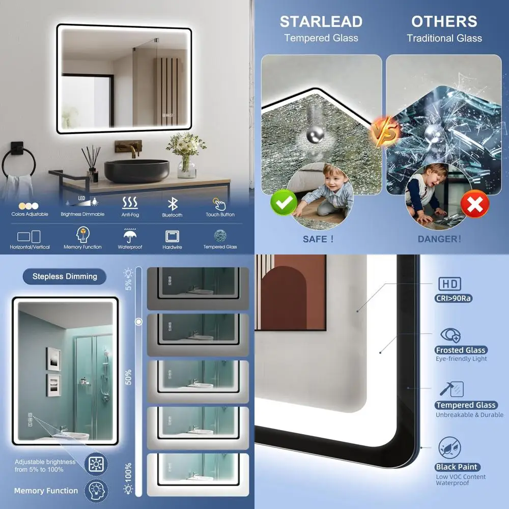 

36x28 Настенное светодиодное зеркало для ванной комнаты с Bluetooth, противотуманное, 3-температурное затемнение, водонепроницаемое закаленное стекло, черная рамка