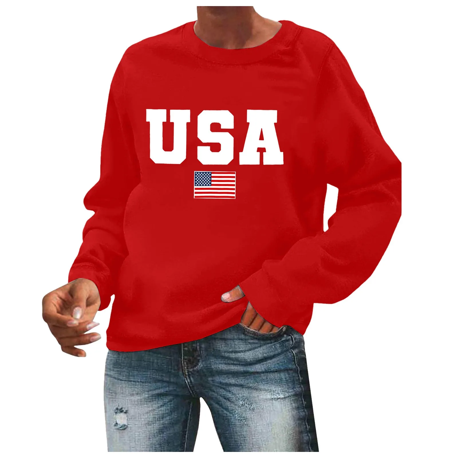 2024 Usa Letter Print Sweatshirt Women Fashion Long Sleeve Round Neck Sweatshirt Street All-Match Female Casual Pullover Tops