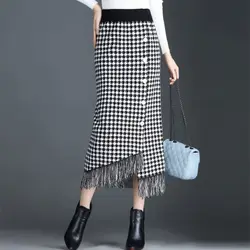 Knitting Skirts Ladies Autumn Winter Houndstooth High Waist Tassel Fleece All-match A-line Skirt Women Clothes Fashionable Skirt