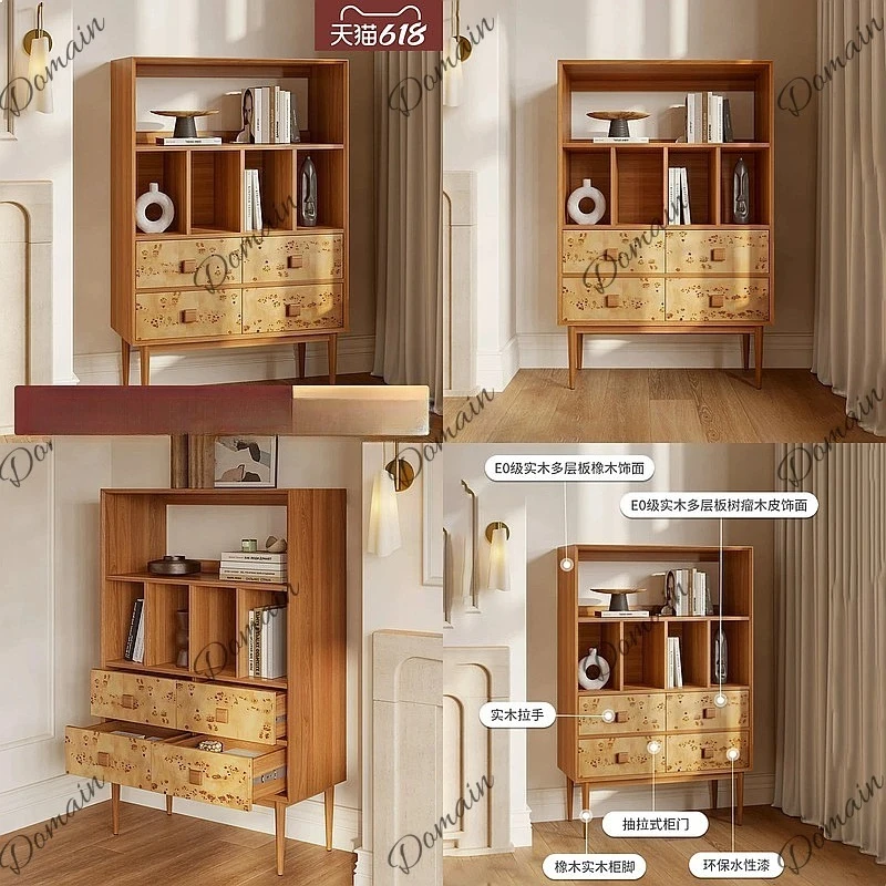Vintage Solid Wood Small Bookcase Burl Pattern Display Cabinet Creative Storage Shelf French Retro Study Room Organizer