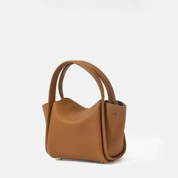 

Button Vegetable Basket Series Cowhide Large Capacity Commuter Handheld Bucket Bag Women's Bag