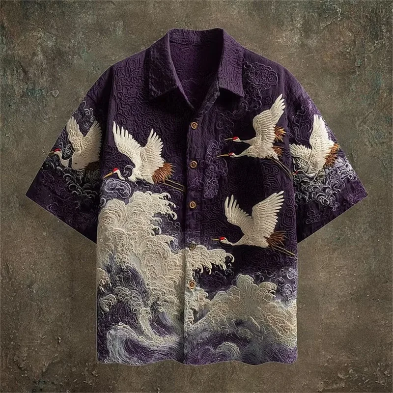 New Dark Green Embossed Dark Pattern Fabric with Flying Crane and Wave Printing for Men's Casual Short Sleeved Shirt