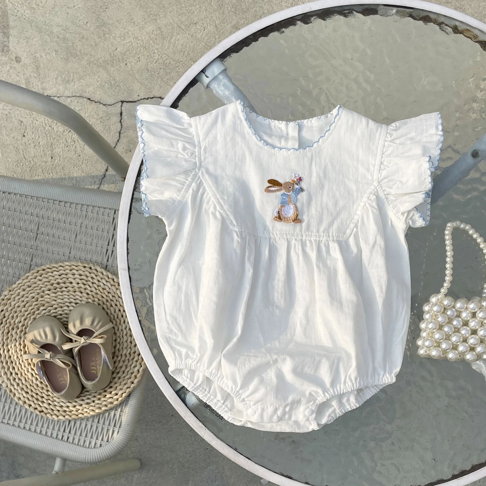 Summer Baby Girls Romper White Short Sleeve Rabbit Cotton Baby Jumpsuit Baby Bodysuit 0-24 Months