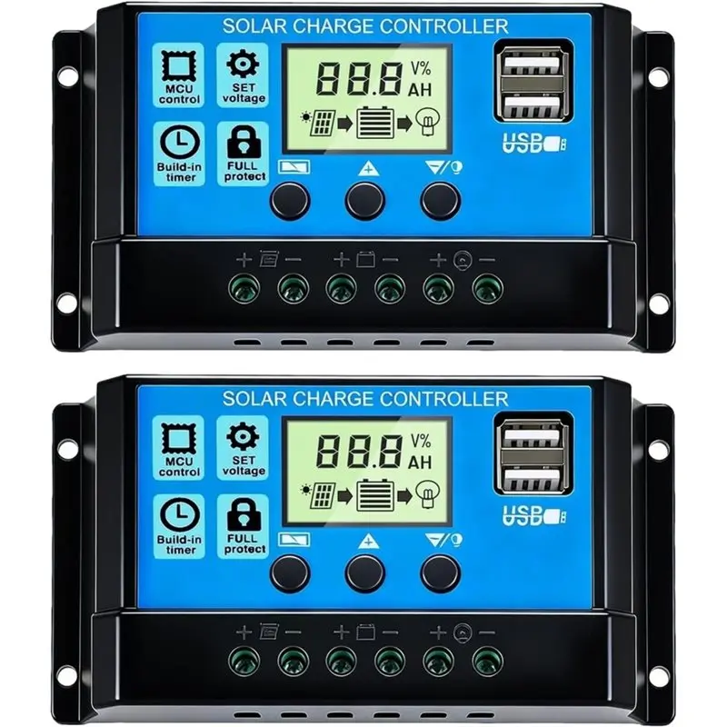 A13E-2 Pack 12V/24V 30A PWM Solar Charge Controller, Auto-Regulating,Solar Panel Battery , Dual USB Ports,LCD Display