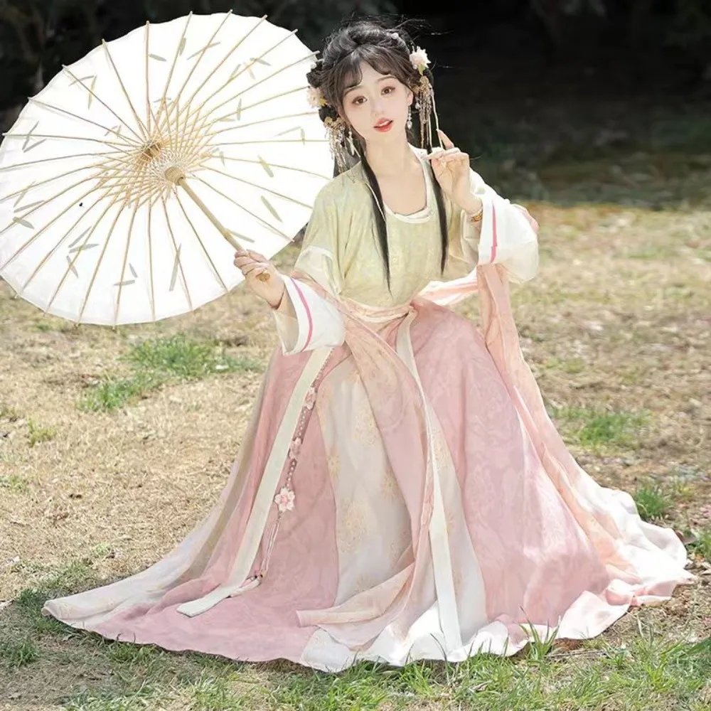 ‌ 오리지널 당나라 한복 세트 - 여성용 라운드 칼라 베이지 + 하이웨이스트 롱 스커트 3피스 전통 중국 스타일 한복 의상