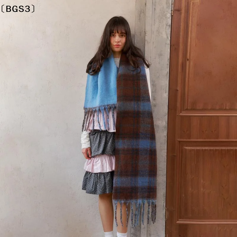 

らBGS3...”Ретро мохеровый клетчатый шерстяной шарф женский зимний утолщенный теплый шарф с кисточками контрастный длинный платок накидки