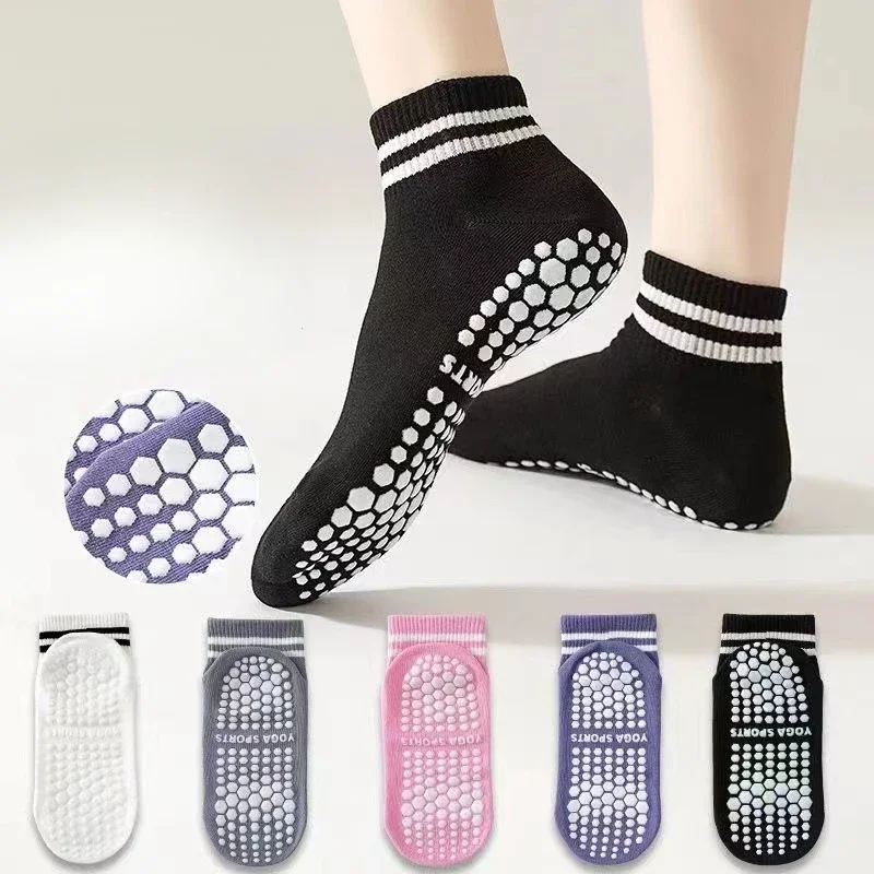 1Pair Grip Socks for Women Non Slip Pilates Yoga Socks with Double Stripes Men Workout Ballet Sports Fitness Athletic Socks