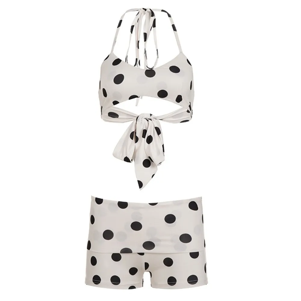 Casual Halter Neck Sling Bikini Suit Ruffled Boxer Shorts Swimwear Set Slim Fit Lace Up Polka Dot Swimsuit Hot Girl