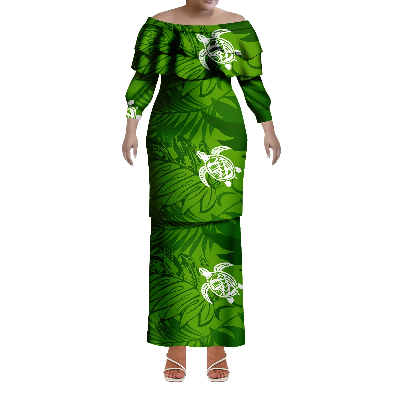 

Custom-Made Off-The-Shoulder Fitted Long Dress For Women Polynesian Island Design Art Print Puletasi Dress Two-Piece Set