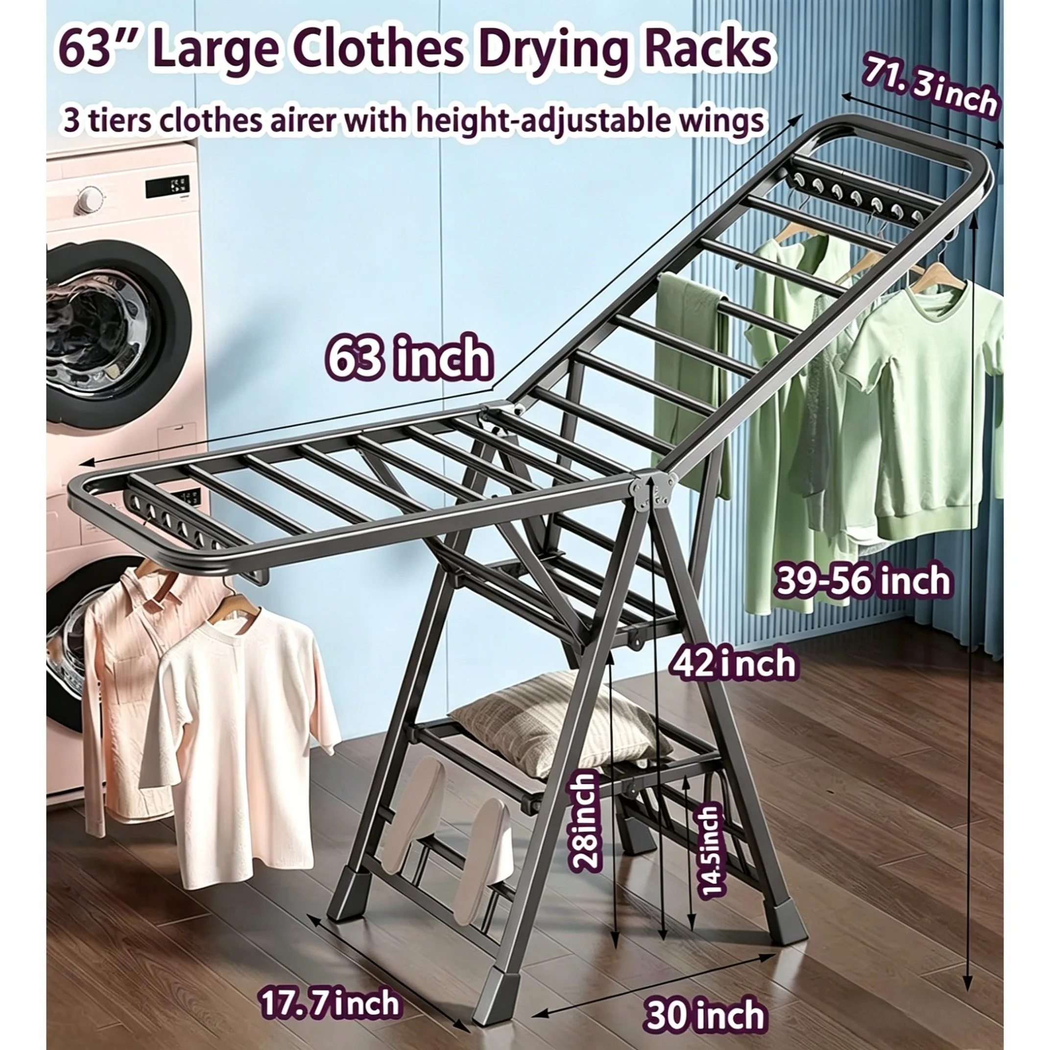 

71 inch Foldable Clothes Hanger - Indoor and Outdoor Laundry Clothes Hanger, Space Saving Apartment Foldable Clothes Hanger