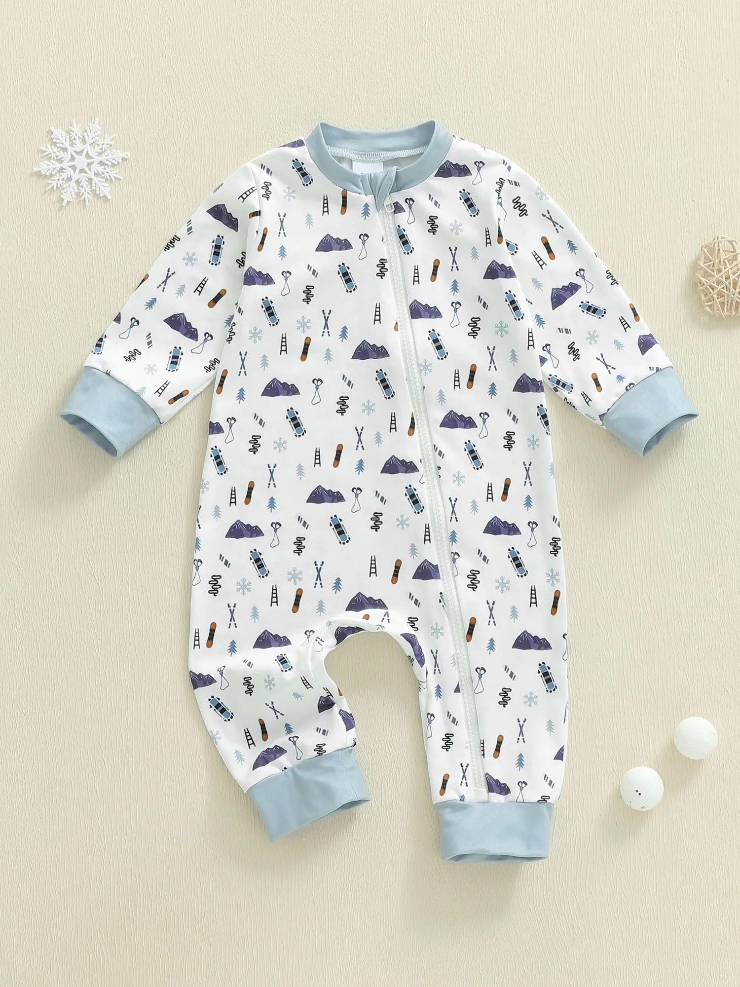 

Infant Boy Winter Romper with Hooded Ski Print and Footless Design Cozy Long Sleeve Jumpsuit for Newborns