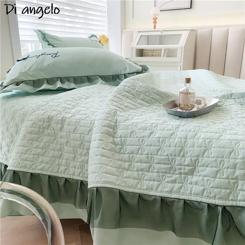 

3PCS Cotton Lace Embroidery Pink Grey Quilted Bedspread Summer Duvet Quilt Pillowcase Blanket Bed Cover Double Queen King #/