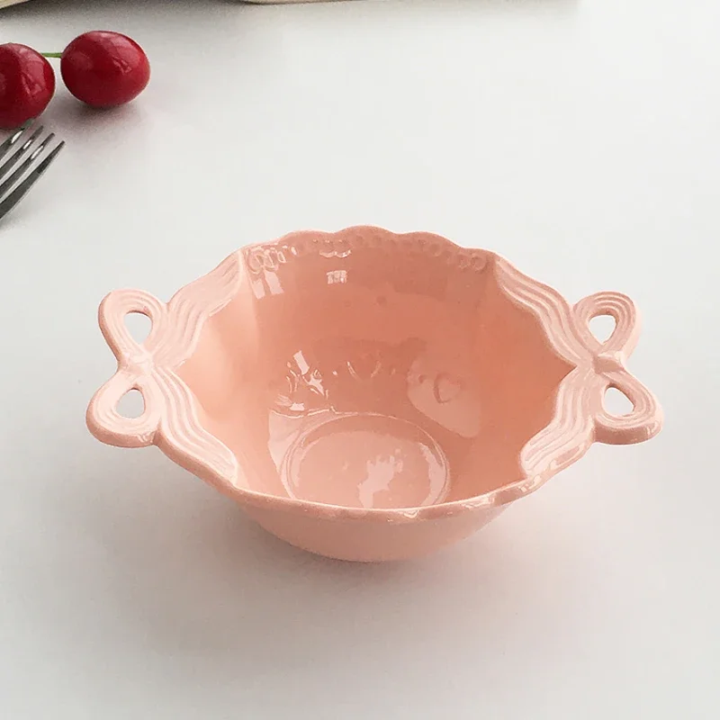 Embossed Pink  Bow Ceramic Bowl，mini 5inch Fruit Salad Bowl，Solid Color Kitchen Plate Tableware，Household Cake Dish Round Bowl