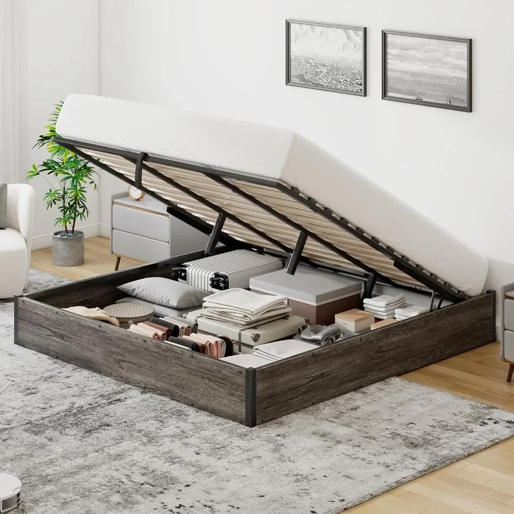 Bed Frame, King, Elevated Storage, Metal Frames with Wooden Slat Supports, No Springs Required, Platform Bed Frame