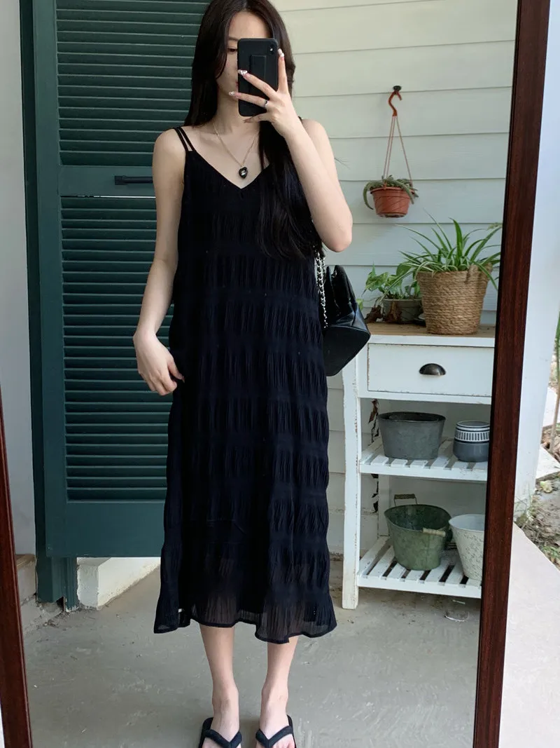 Plus Size 5XL 150KG Summer Long Dresses Female Loose Waist Casual Spaghetti Strap Sleeveless Dress Women Pleated Dresses