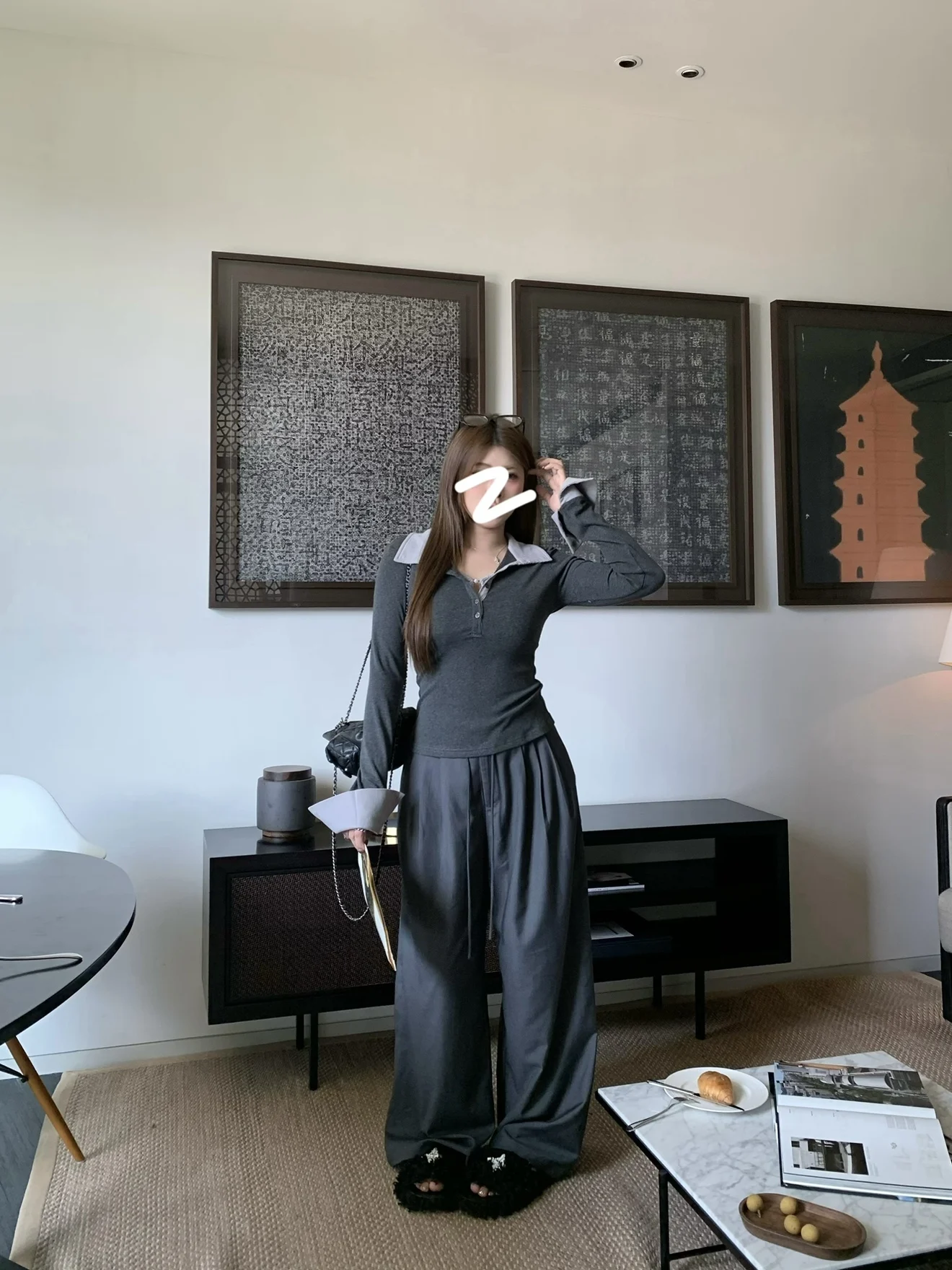 Athome カジュアルグレープリーツワイドレッグパンツ巾着ロングドレープパンツ韓国スタイルハイウエストロングパンツ秋シーズン