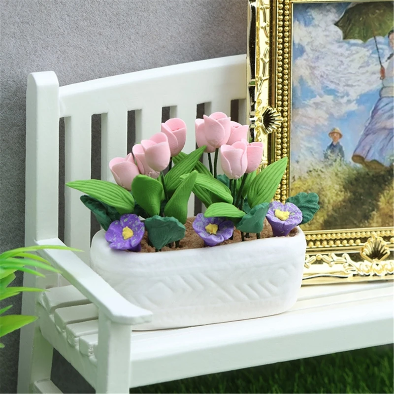1/12 Scale Dollhouses Plant Miniature สีชมพูดอกไม้ Pretend Play สำหรับตุ๊กตาเด็กบ้านโรงงานสำหรับ Dollhouses A2UB