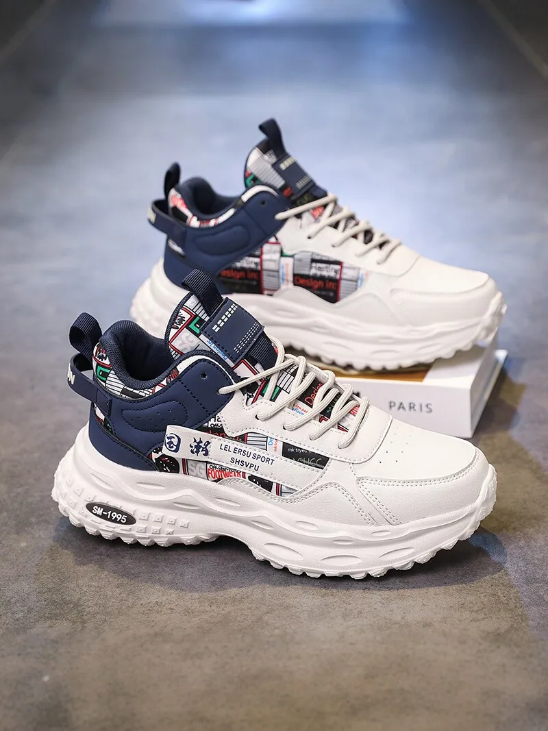 Men's High Top Leather Surface Sports Casual Running Thick Bottom Heightening Student White Dad Trendy Shoes Spring Autumn