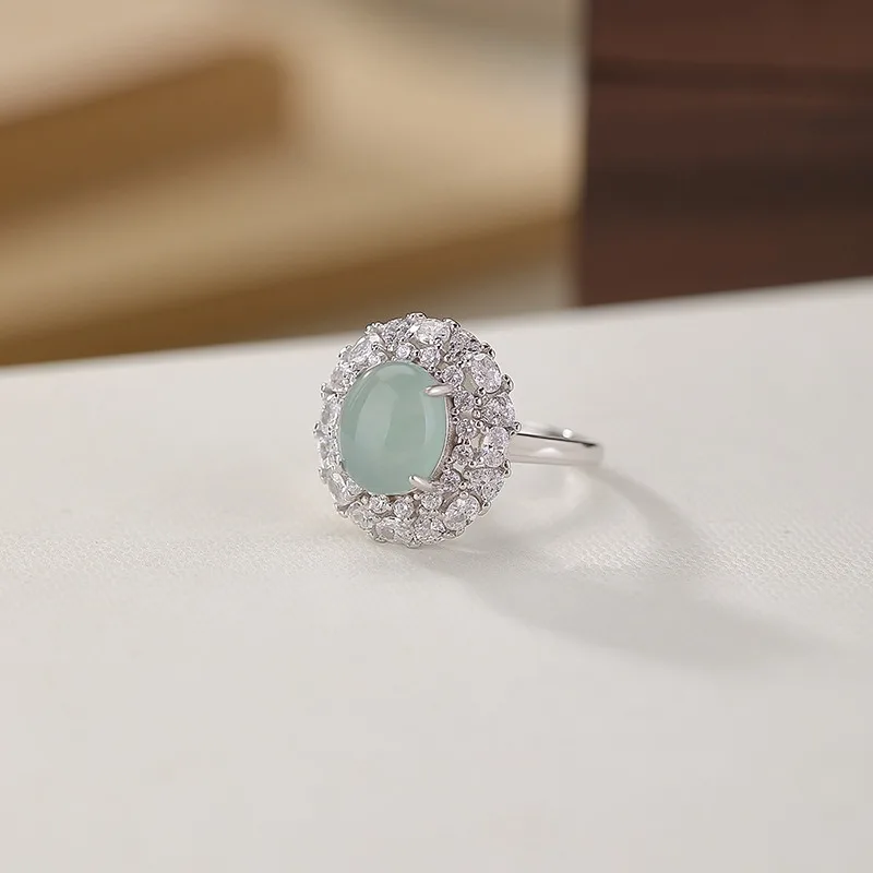 

TIMESWIND Элегантное светло-голубое женское открытое кольцо из натурального нефрита с овальным цирконом и сертификатом
