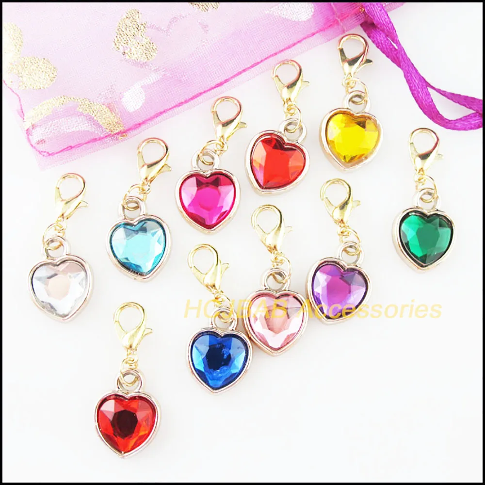 20Pcs KC Gold Plated Mixed Acrylic Heart With Lobster Claw Clasps Charms 12.5x16.5mm