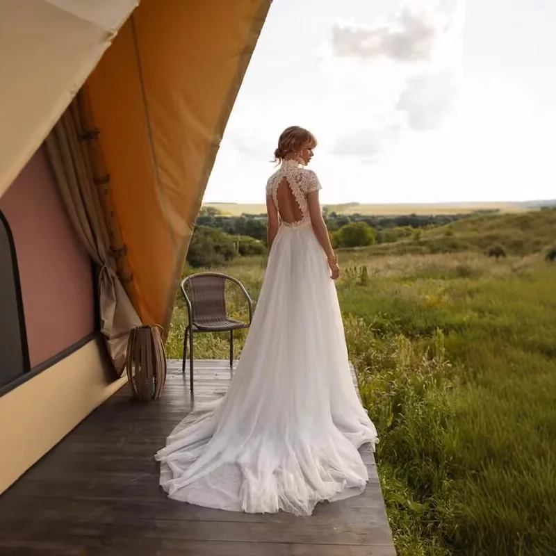 Wedding Dresses Backless Sexy Fashion Vestidos De Novia Court Train Appliques High Neck Robe De Mariée Custom-Made