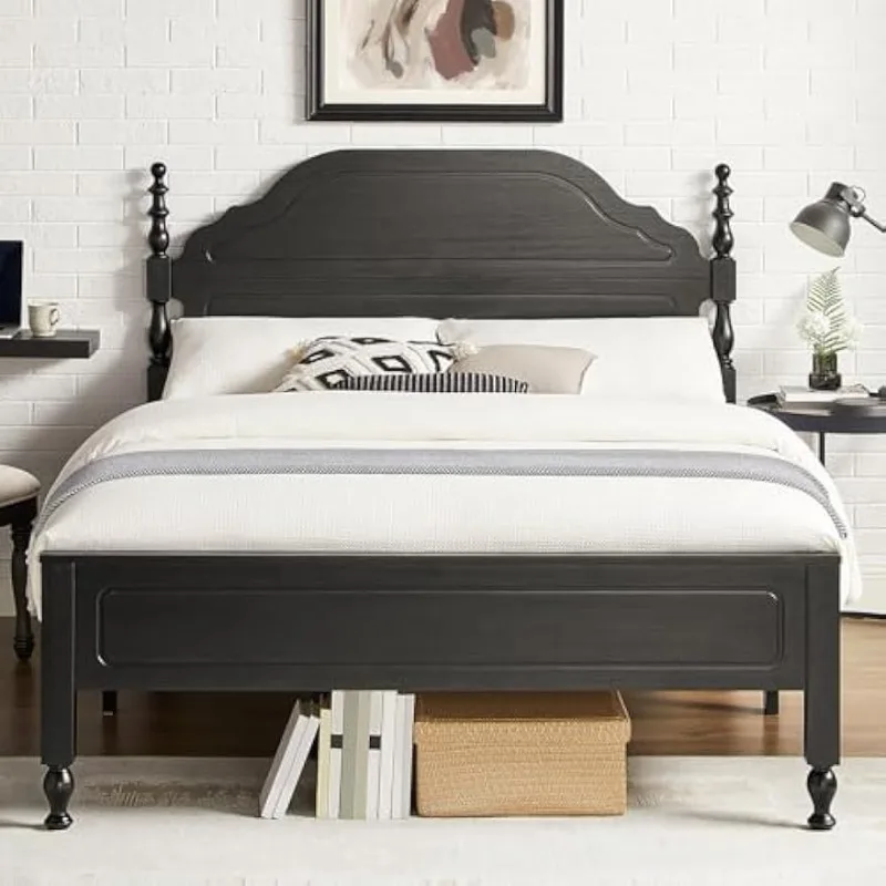 

Wood Queen Bed Frame with Wooden Headboard and Footboard, with large Under Bed Storage, No Box Spring Needed, Rustic Black