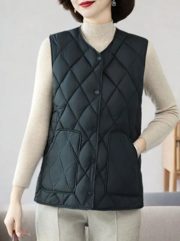 

Women's Warm Cotton down Vest Autumn Winter Sle New Model Inner Core for Outer Wear Thiened round Ne Single Button