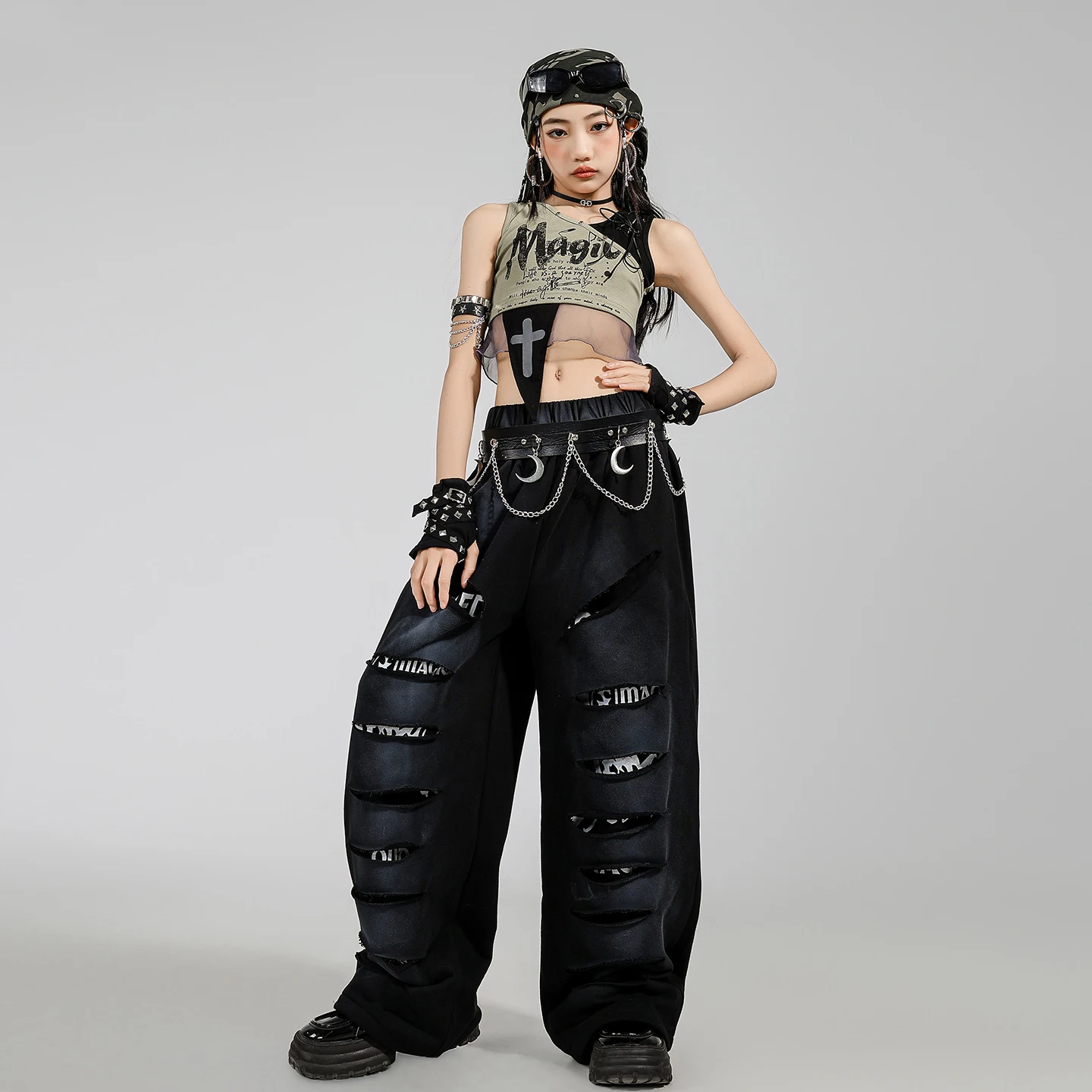 Children Kpop Jazz Dance Clothes Navel Tops Ripped Pants Summer Sleeveless Hip Hop Costume Concert Stage Outfit Rave Wear L16643