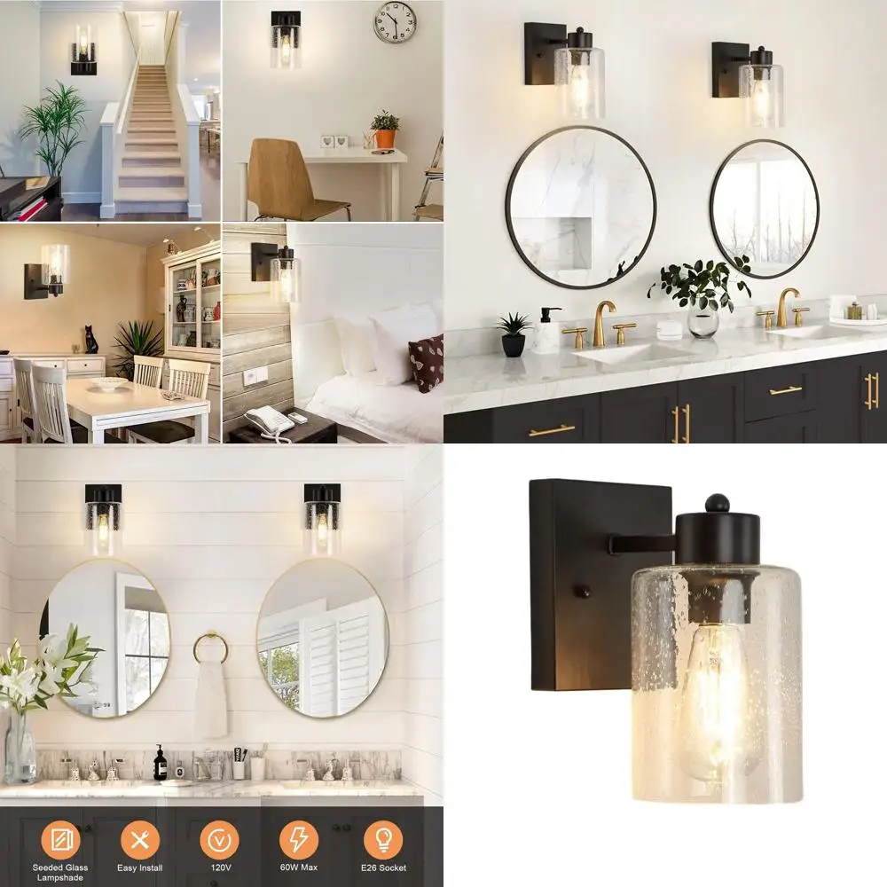 

Matte Black Vintage Farmhouse Wall Sconces with Bubbled Glass Shade for Bathroom, Kitchen, and Bedroom Vanity Lighting