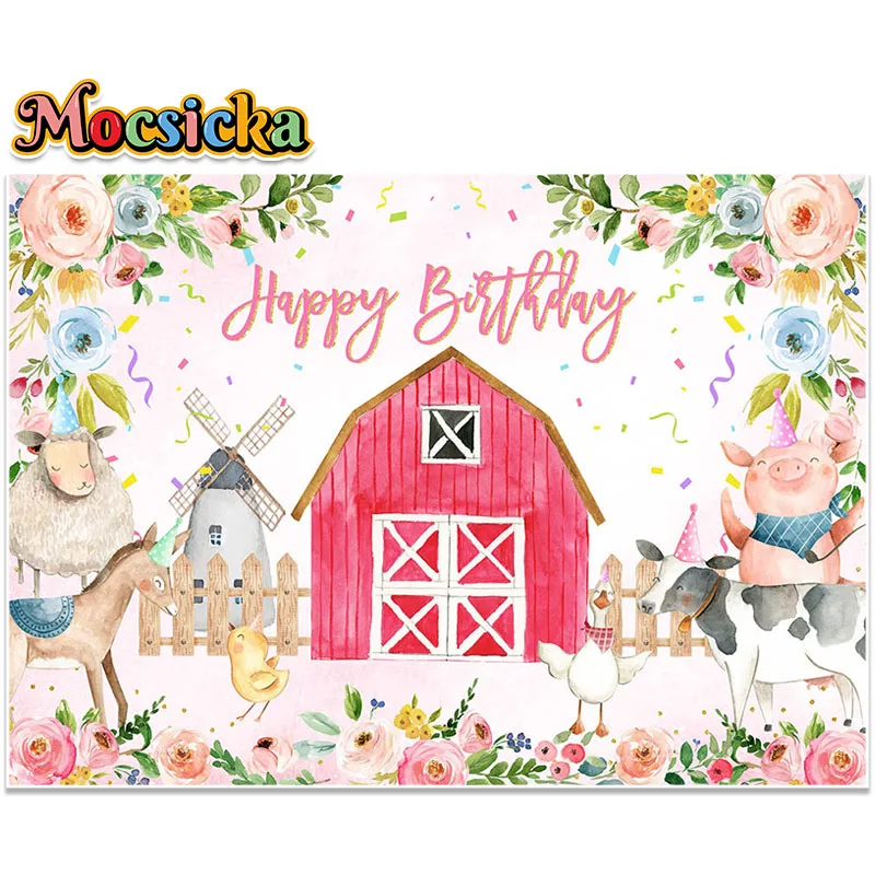 Mocsicka Spring Farm Theme Happy Birthday Photography Backdrop Animals Floral Decoration Background Photo Studio Props Banner