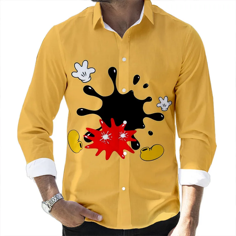 

2024 Spring Harajuku New Mickey Minnie Cartoon Fashion Casual 3D Printed Long Sleeve Lapel Shirt Slim Men's Top