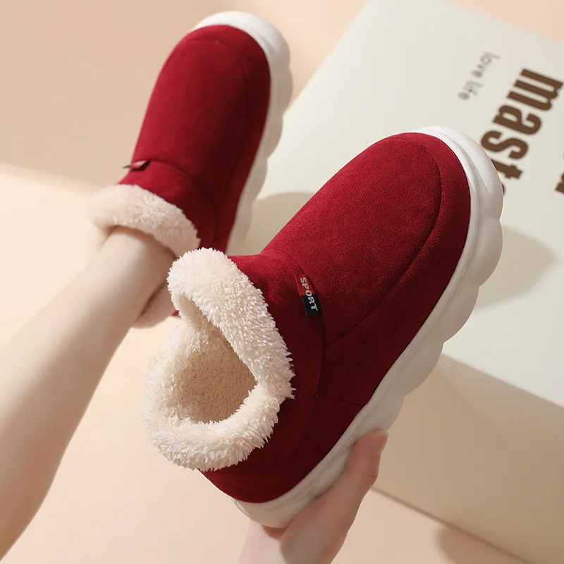 Fur Fluffy Flat Slippers For Women Men Winter Plush Lined Non-slip Snow Boots Indoor Keep Warm House Fuzzy Cotton Shoes