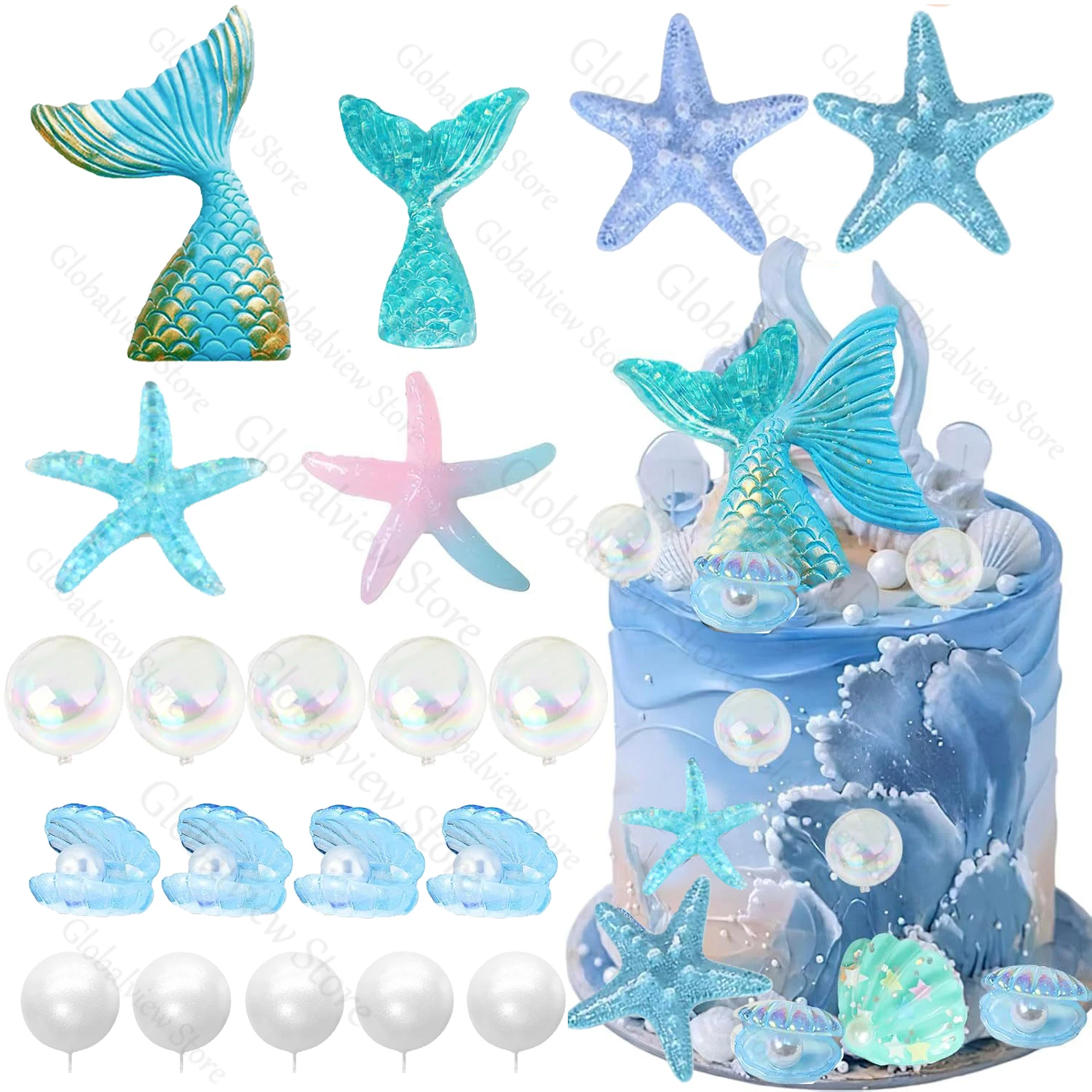 1SET Mermaid Cake Topper Blue Mermaid Tail Cake Decorations Seashell Starfish Pearl White Balls Cake Toppers Under The Sea Decor
