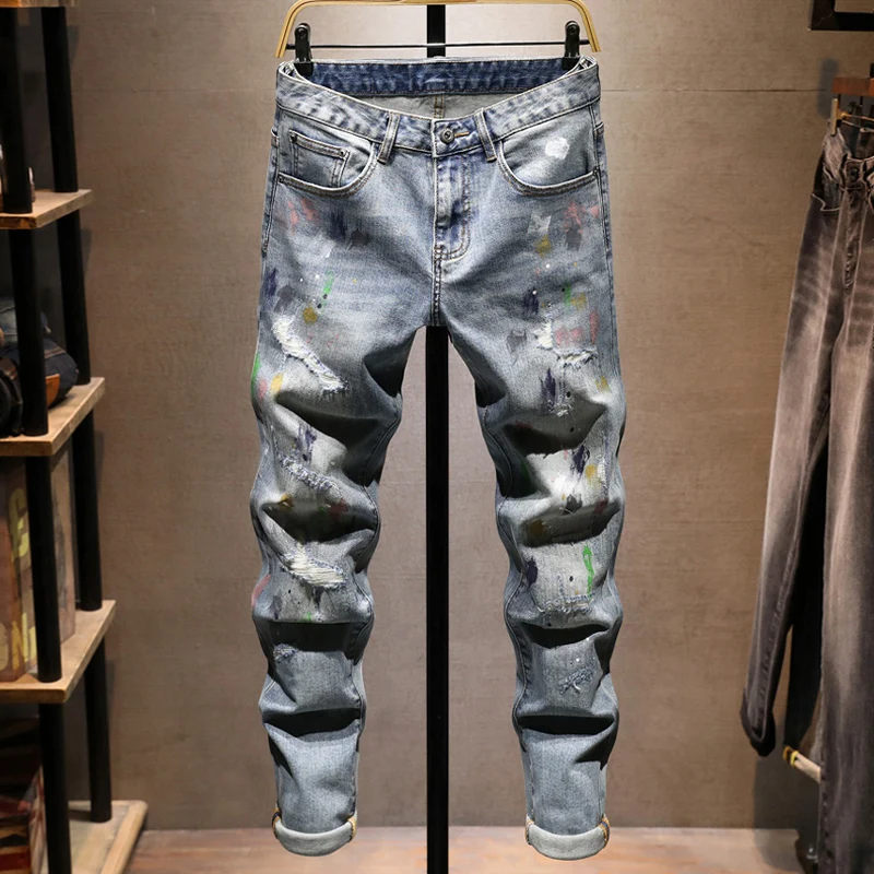 fashion new jeans,Y2K painted, washed, nostalgic, stretchy, slim fit, retro, light blue jeans, high street hip-hop, Italian pan