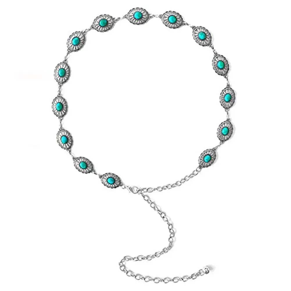 

Fashion Retro Style Round Coin-Shaped Tandem Metal Inlaid Turquoise Waist Chain Female Small Incense Wind Skirt conchos Belt