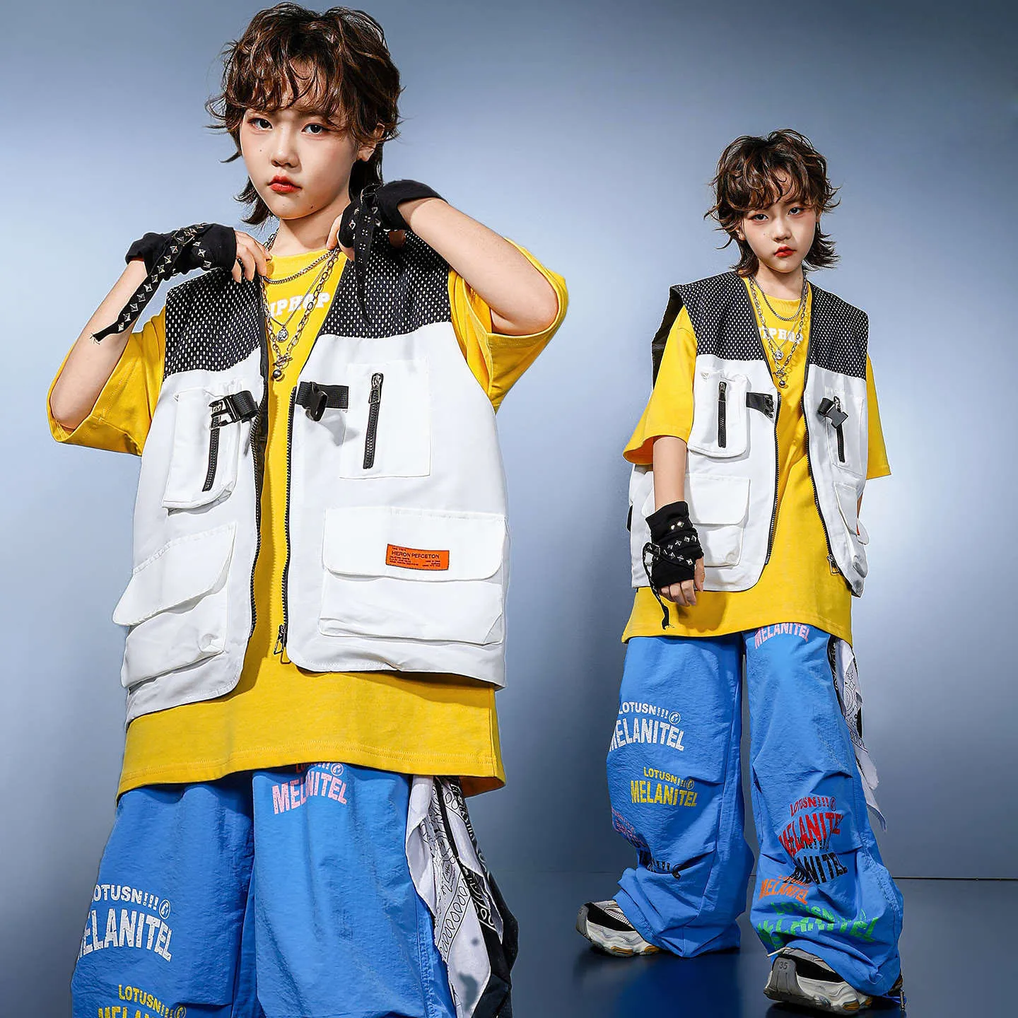 

Kid Kpop Hip Hop Clothing White Sleeveless Jacket Vest Blue Casual Wide Leg Parachute Pants for Girl Boy Dance Costume Clothes