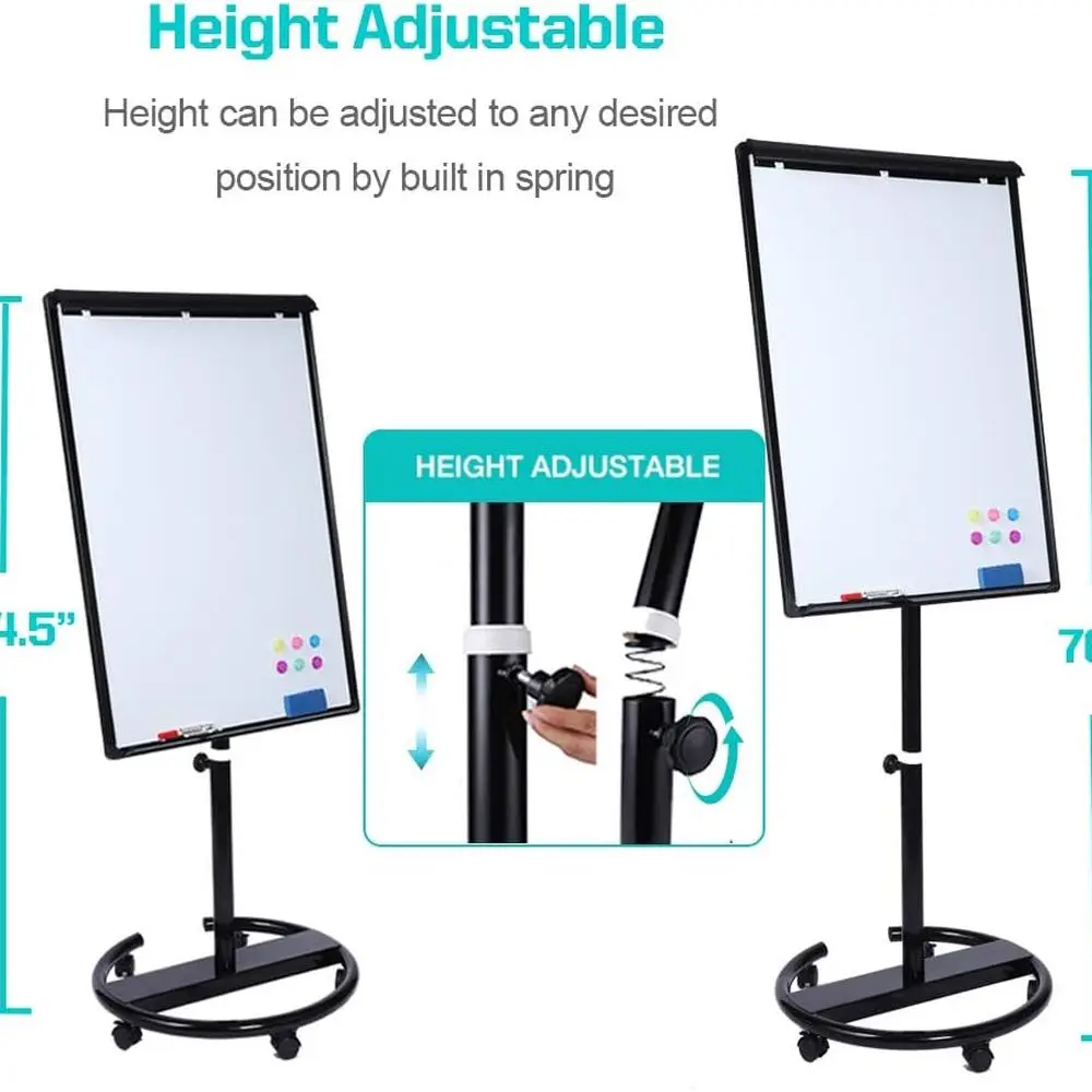 ارتفاع قابل للتعديل 40 × 28 سبورة بيضاء مغناطيسية متنقلة مع حامل دوار، مسح جاف، مخطط قلاب، مغناطيس وممحاة، أسود #2