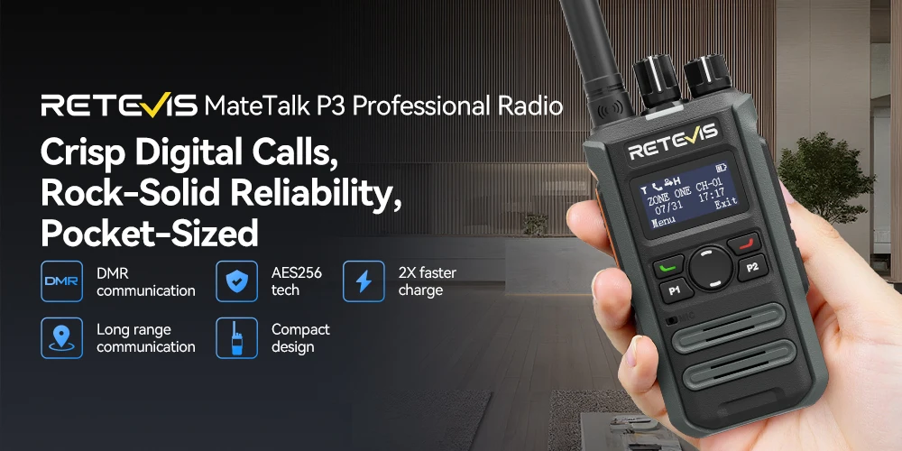 Retevis P3 DMR Zwei-Wege-Radio, schnelles Aufladen, lange Akkulaufzeit, kompaktes, stilvolles, sicheres Walkie-Talkie für Hotels, Schulen, Einzelhandel – Detail 1