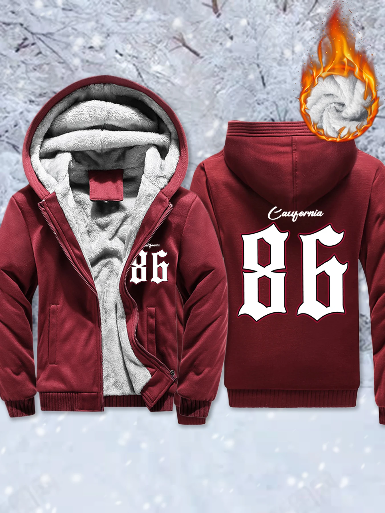 

California Number 86 Printed Mens Soft Fleece Pocket Jackets Thicken Comfy Hoodie Winter Zip-Up Outwear Basics Warm Coat Unisex