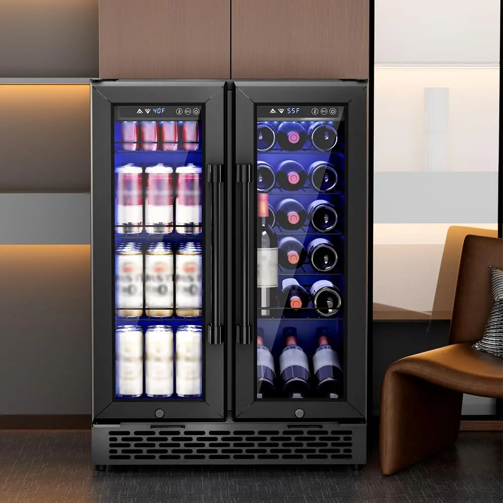 24 Inch Dual Zone Beverage Refrigerator, Glass Door Beverage Cooler, Black | 5.2 Cu.Ft Beverage Fridge Holds 21, Customized