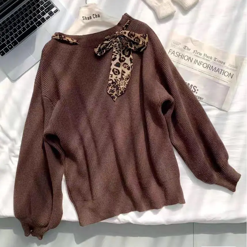 Korejpaa Autumn Winter Clothes Round Neck Sweater Top Women Korean Fashion Leopard Scarf Tie Splicing Knitted Bottom Pullover